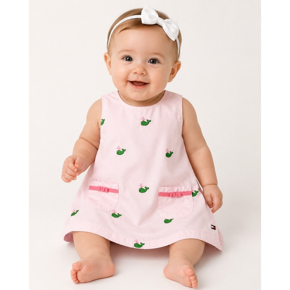Tommy Hilfiger Whale Dress Baby Girls 3-6M Pink Excellent Embroidered Nautical